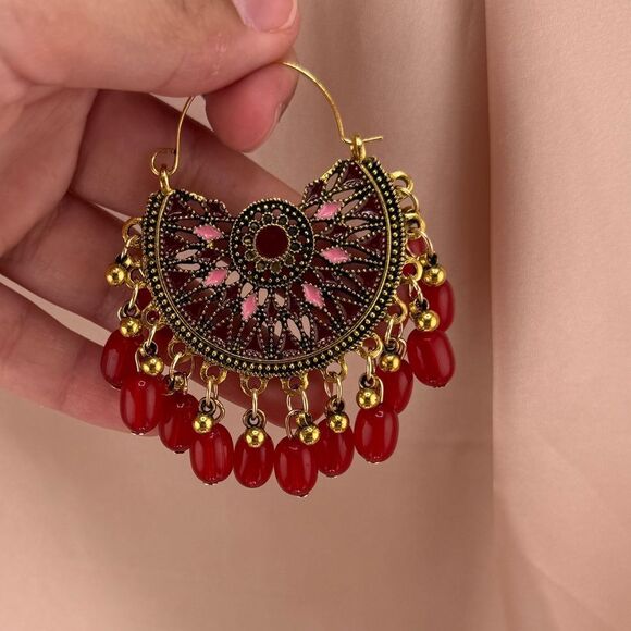 Boho Statement Earrings – Red & Gold - Picture 3 of 4
